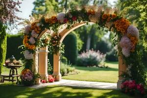 ein Torbogen mit Blumen und Grün im das Garten. KI-generiert foto