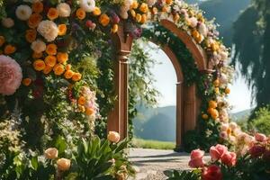 ein Blume Torbogen ist umgeben durch Blumen. KI-generiert foto