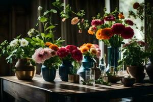 Blumen im Vasen auf ein Tabelle im ein Zimmer. KI-generiert foto
