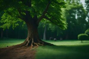 ein Baum mit Wurzeln im das Mitte von ein Feld. KI-generiert foto