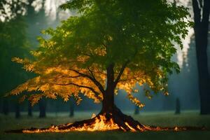 ein Baum mit Flammen auf es im das Mitte von ein Feld. KI-generiert foto