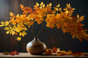 Herbst Blätter im ein Vase auf ein Tisch. KI-generiert foto