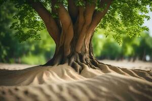 ein Baum mit Wurzeln wachsend aus von das Sand. KI-generiert foto
