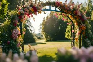 ein Hochzeit Bogen mit Blumen im das Hintergrund. KI-generiert foto