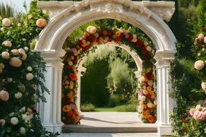 ein Hochzeit Bogen mit Blumen und Grün. KI-generiert foto