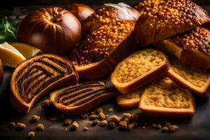 Brot auf ein dunkel Hintergrund. KI-generiert foto