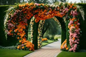 ein Blume Torbogen ist dekoriert mit Orange und Rosa Blumen. KI-generiert foto