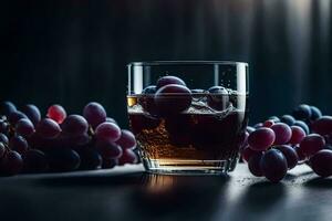ein Glas von Wein mit Trauben auf ein dunkel Hintergrund. KI-generiert foto