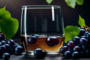 ein Glas von Wein mit Trauben auf ein dunkel Hintergrund. KI-generiert foto