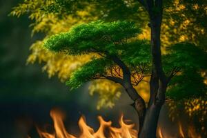 ein Baum mit Flammen und Rauch im das Hintergrund. KI-generiert foto