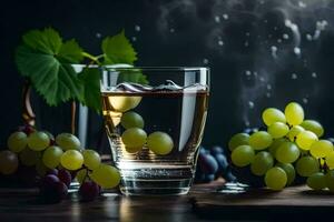 Glas von Wein mit Trauben und Blätter auf ein dunkel Hintergrund. KI-generiert foto