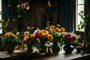 Blumen im Vasen auf ein hölzern Tisch. KI-generiert foto