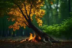 ein Baum mit ein Feuer im das Mitte von das Wald. KI-generiert foto