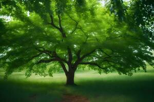 ein Baum im das Mitte von ein Grün Feld. KI-generiert foto