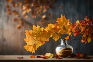 Herbst Blätter im ein Vase auf ein Tisch. KI-generiert foto