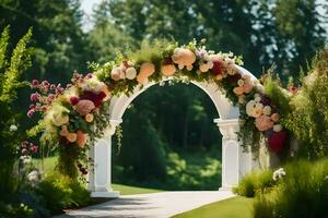 ein Hochzeit Bogen mit Blumen und Grün. KI-generiert foto