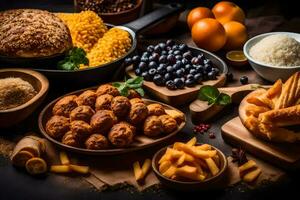 verschiedene Lebensmittel einschließlich brot, Fleischklößchen, Obst und Gemüse. KI-generiert foto