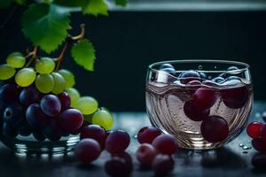 Trauben und ein Glas von Wein auf ein dunkel Tisch. KI-generiert foto