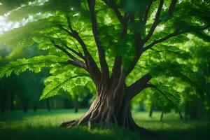 ein Baum im das Mitte von ein Grün Feld. KI-generiert foto