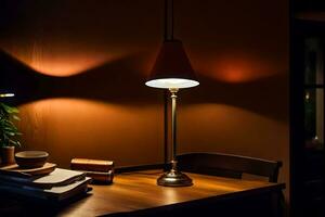 ein Lampe auf ein Tabelle im ein dunkel Zimmer. KI-generiert foto
