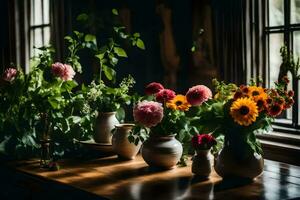 Blumen im Vasen auf ein Tabelle im Vorderseite von ein Fenster. KI-generiert foto