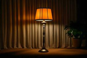 ein Lampe mit ein Orange Schatten auf Es. KI-generiert foto