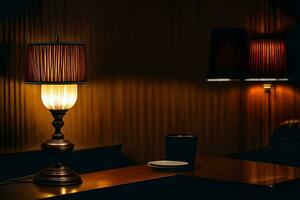 ein Lampe ist auf ein Tabelle im ein dunkel Zimmer. KI-generiert foto