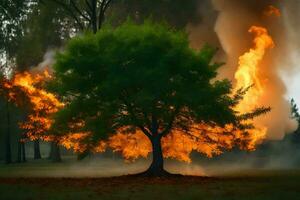 ein Baum ist Verbrennung im das Gras mit Rauch Kommen aus von Es. KI-generiert foto