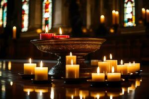 Kerzen sind zündete im Vorderseite von ein Kirche Altar. KI-generiert foto