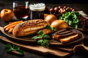 ein hölzern Tafel mit brot, Möhren, und andere Lebensmittel. KI-generiert foto