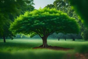 ein Baum im ein Feld mit Grün Blätter. KI-generiert foto