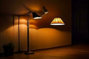 ein Lampe ist auf ein Fußboden Lampe im ein dunkel Zimmer. KI-generiert foto
