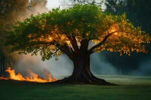 ein Baum mit Flammen Kommen aus von es im das Mitte von ein Feld. KI-generiert foto