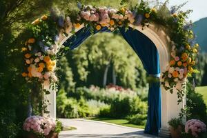 ein Hochzeit Bogen dekoriert mit Blumen und Blau Vorhänge. KI-generiert foto