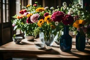 Blumen im Vasen auf ein Tabelle im ein Zimmer. KI-generiert foto