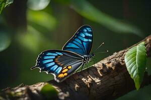 ein Blau Schmetterling sitzt auf ein Ast im das Wald. KI-generiert foto