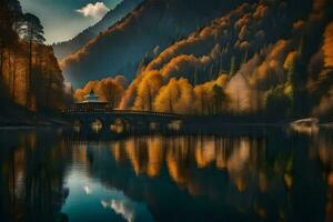 ein Brücke Über ein See im das Berge mit Herbst Bäume. KI-generiert foto