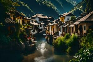 ein Fluss läuft durch ein Dorf im China. KI-generiert foto