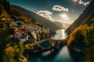 das Sonne scheint Über ein Fluss und ein Dorf im das Berge. KI-generiert foto