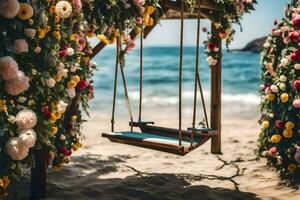 ein schwingen auf das Strand mit Blumen. KI-generiert foto