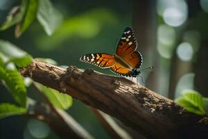 ein Schmetterling ist Sitzung auf ein Ast im das Wald. KI-generiert foto