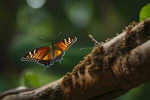 ein Schmetterling ist thront auf ein Ast im das Wald. KI-generiert foto