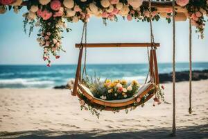 das Hochzeit Zeremonie auf das Strand. KI-generiert foto