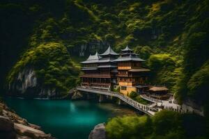 ein Chinesisch Tempel auf ein Brücke Über ein Fluss. KI-generiert foto