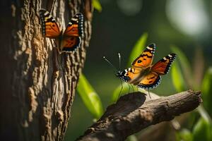 zwei Schmetterlinge sind Sitzung auf ein Baum Ast. KI-generiert foto