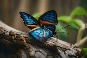 ein Blau Schmetterling mit Orange Flügel Sitzung auf ein Ast. KI-generiert foto