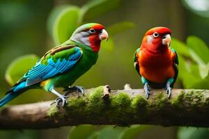 zwei bunt Vögel Sitzung auf ein Ast. KI-generiert foto