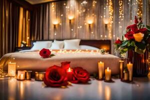 ein Bett mit Kerzen und Rosen auf Es. KI-generiert foto