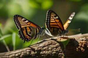 zwei Schmetterlinge sind Sitzung auf ein Ast. KI-generiert foto