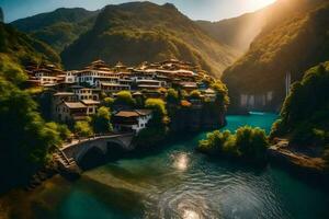 das Sonne scheint auf ein Dorf im das Berge. KI-generiert foto